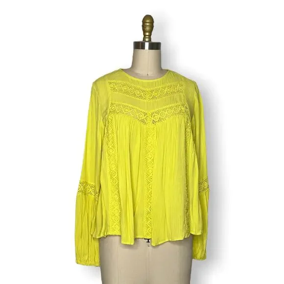 SCOOP Peasant Blouse Top w/ Crochet Trim Canary Yellow Boho Festival XS - Picture 5 of 12